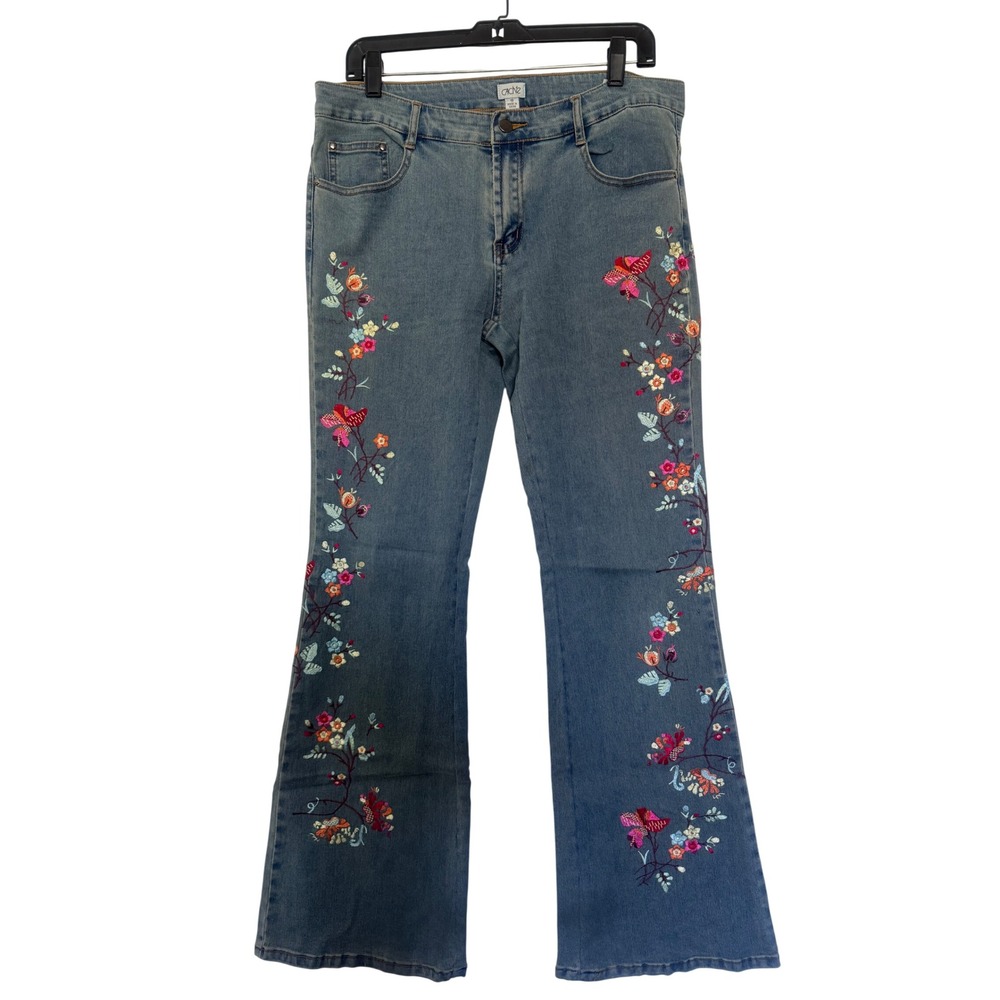 Cache Floral Embroidered Flare Jeans Medium Wash Denim Boho Butterfly Size 10